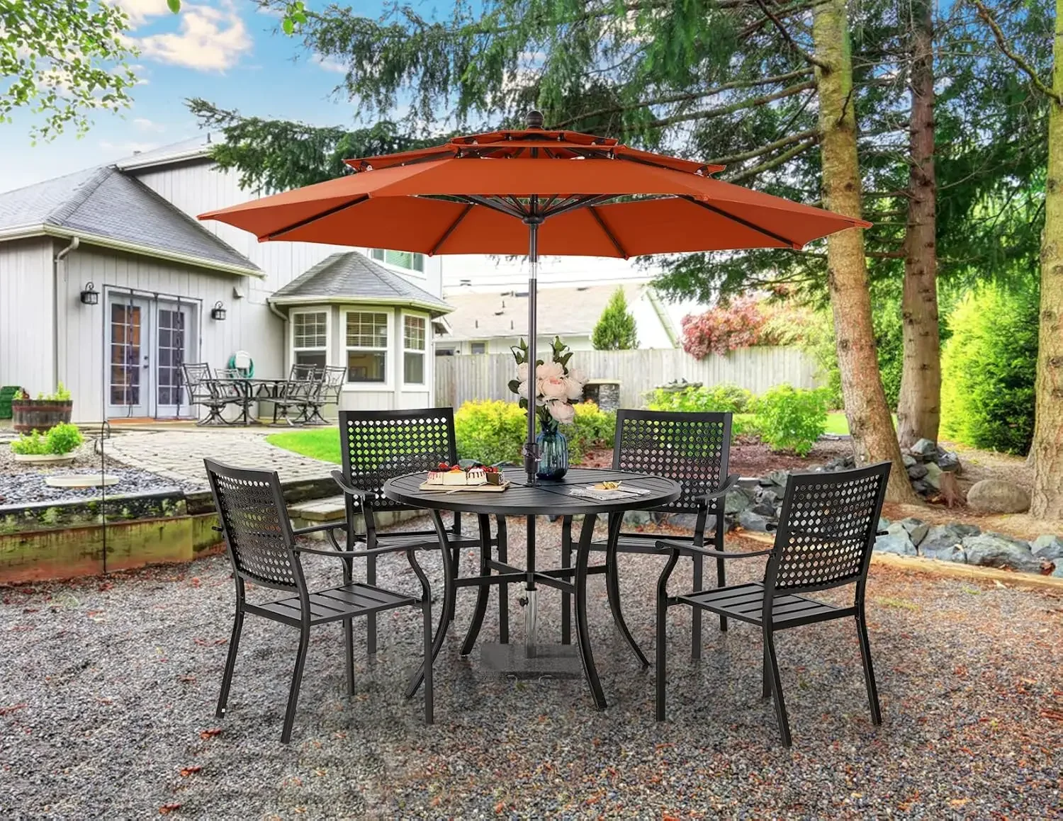 

5 Pieces Patio Dining Set with 10ft Patio Umbrella, Metal Patio Circle Table Outdoor Stackable Wrought Iron Chair Set of 4