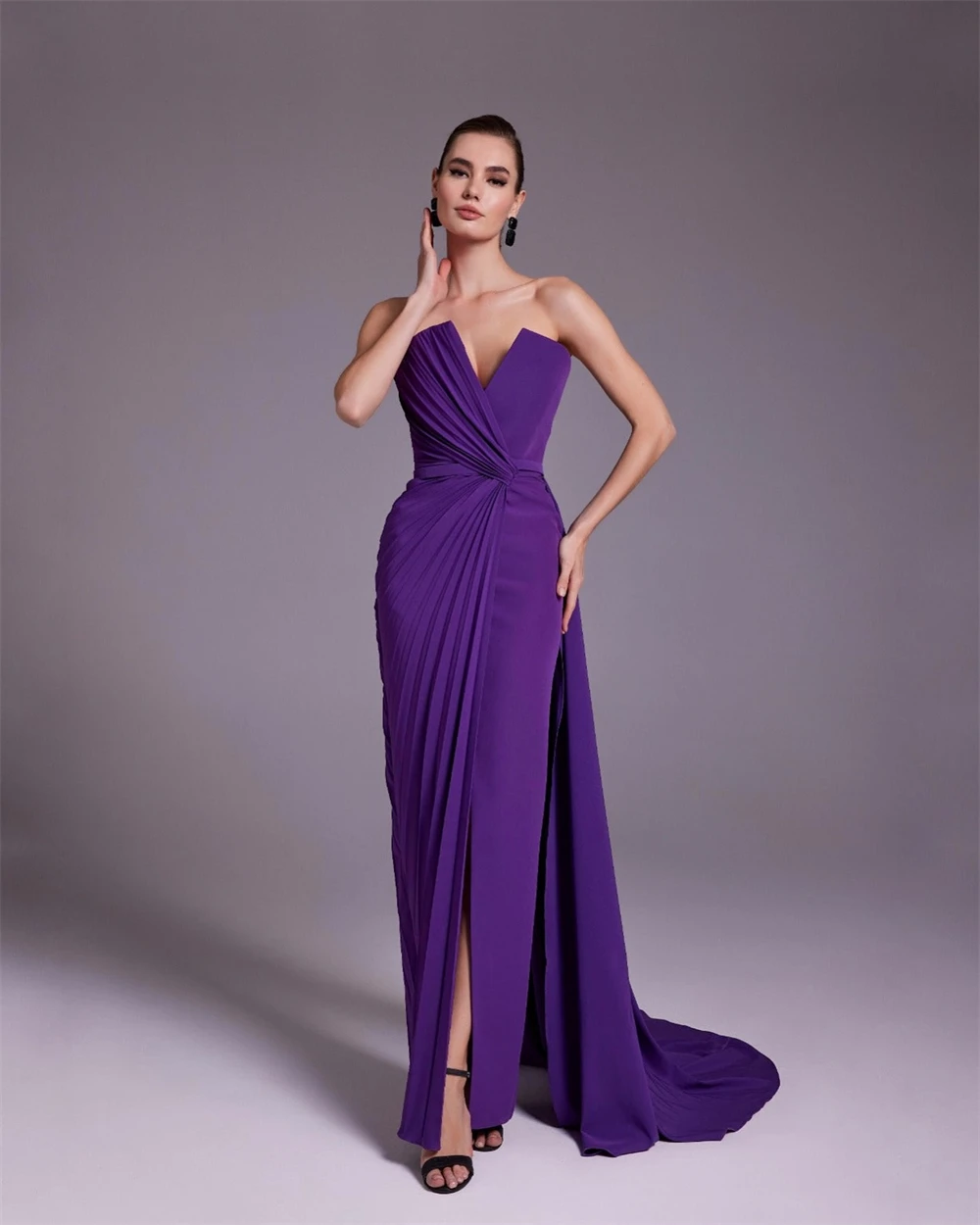 

Customized Exquisite Light Purple Jersey Evening Dress Temperament Strapless V-Neck Sleeveless Front Slit Bespoke Occasion Gowns
