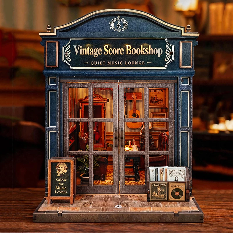 DIY Wooden Vintage Score Bookshop Cottage Figurines Miniatures Kits Mini Casa for Friends Birthday Gifts Home Decor Crafts