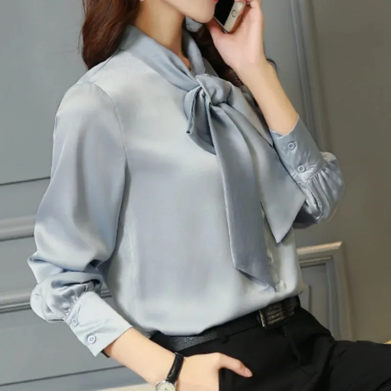 Women\'s Loose Chiffon Blouse, V-Neck, Solid Shirt, Bow Lantern Sleeve, Fashion Blouses, Casual Clothes, Autumn Tops, 2198