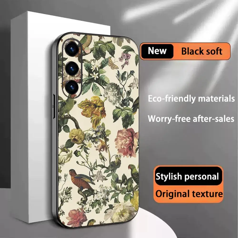 Art Retro floral painting pattern design Phone Case For Samsung Galaxy S26 S25 S24 S23 S22 S21 Plus Ultra Note20 Soft Black