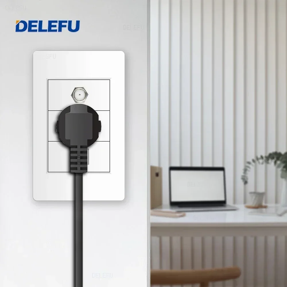 DELEFU White PC fireproof panel Italian Standard 118*74mm TEL CAT5E CAT6 TV satellite wall socket