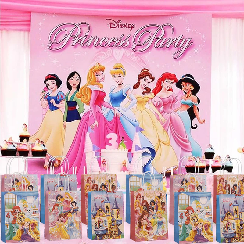 12/24szt Torby Kraft z uchwytem księżniczki z uchwytem Torba papierowa Disney Princess Baby Shower Dziewczynki Urodziny Ulubione torby na prezenty