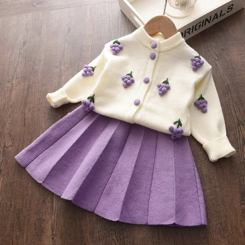 

Girls Sweater Set Autumn Children's Jacket Sweater Tops Plaid Pleated Grape Princess Skirt Two-piece Suits Girls Clothing Sets