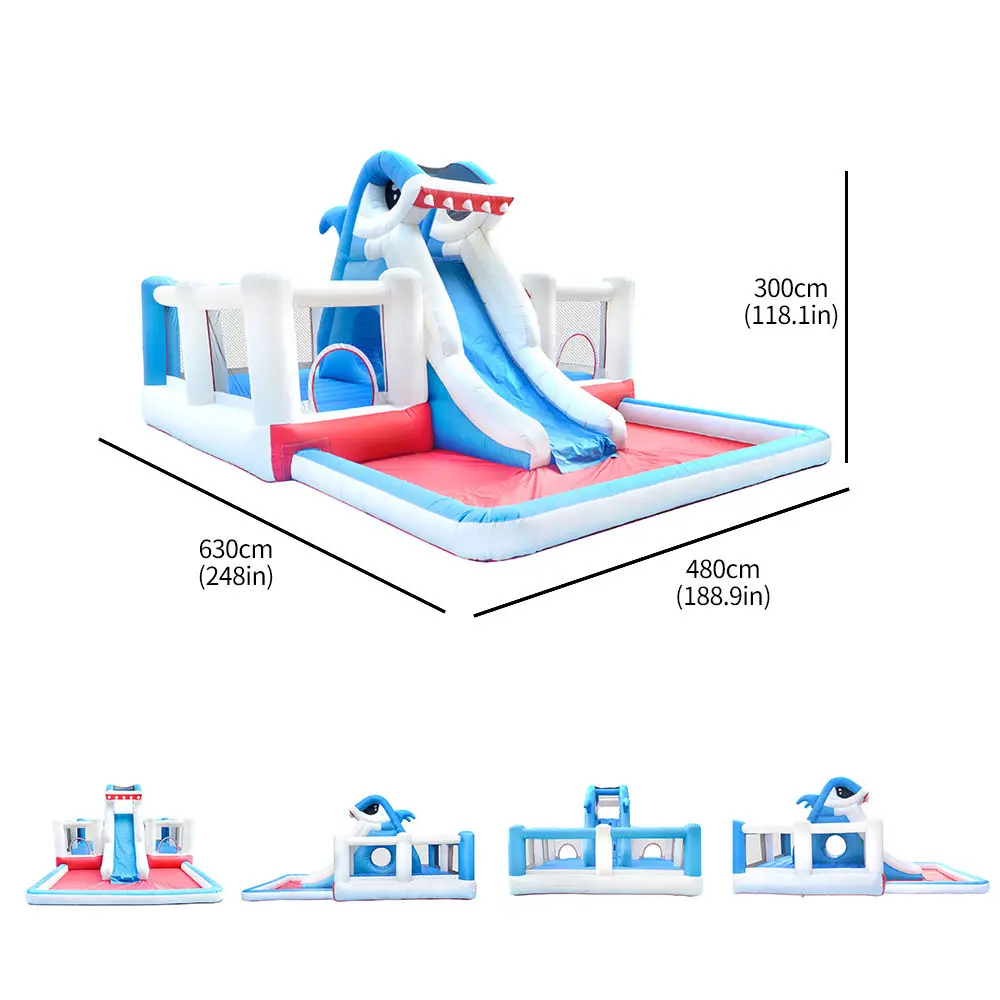 Shark White Net Wide Space Swimming Pool Backyard Huge Game Inflatable Water Slide Inflatable Castle Jumping Castle