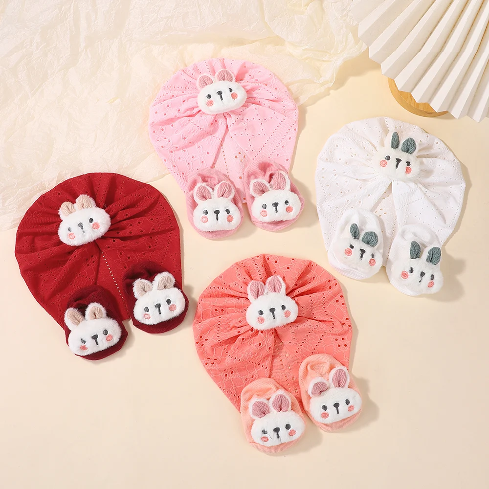

3Pcs Baby and toddler soft hair towel hat hollow breathable elastic safety hat cute rabbit shaped hat sock set