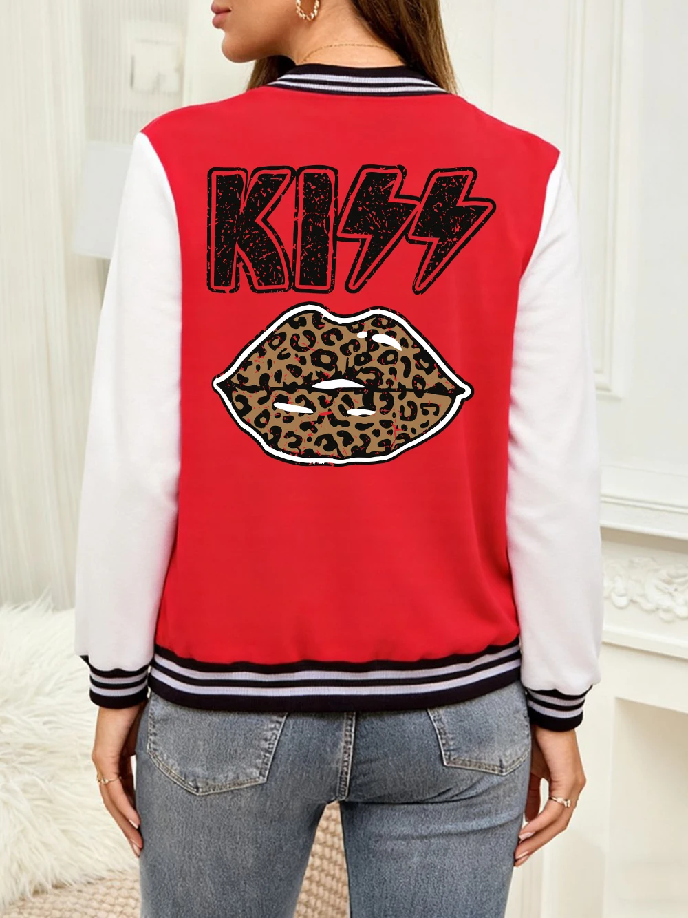 

Kiss Lip Leopard Printing Baseball Coat Womens Winter Fleece Warm Jackets Casual Pocket Tops Basics Comfortable Woman Clothes