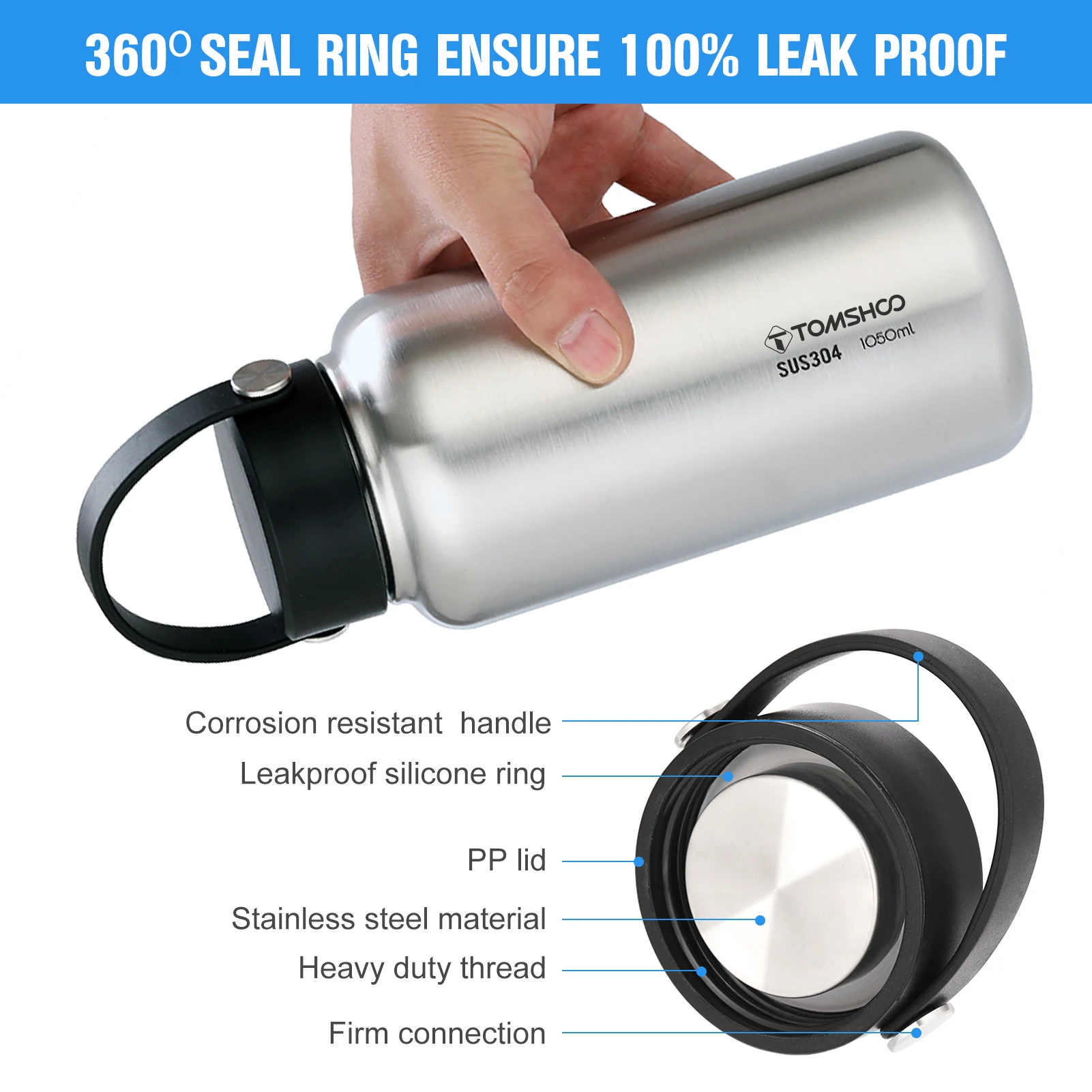 Tomshoo 1.05L 304 Stainless Steel Water Bottle Leakproof Sports Bottle 750ml Water Cup Coffee Mug Hanging Pot Outdoor Camping