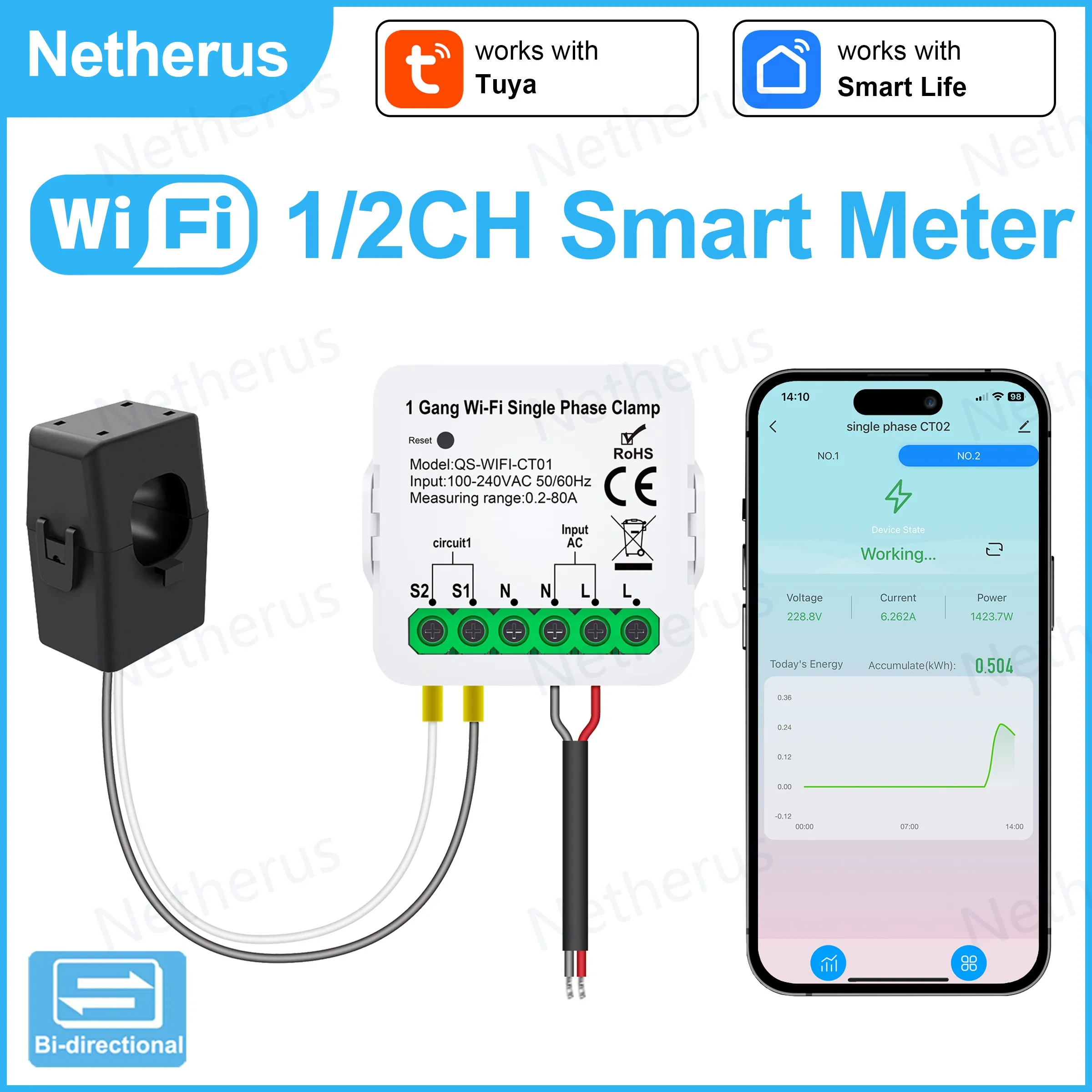 

Tuya Wifi Smart Meter Current Transformer Sensor Clamp App Monitor Power APP Control 1/2 Channel Import Power 80A AC110V/240V