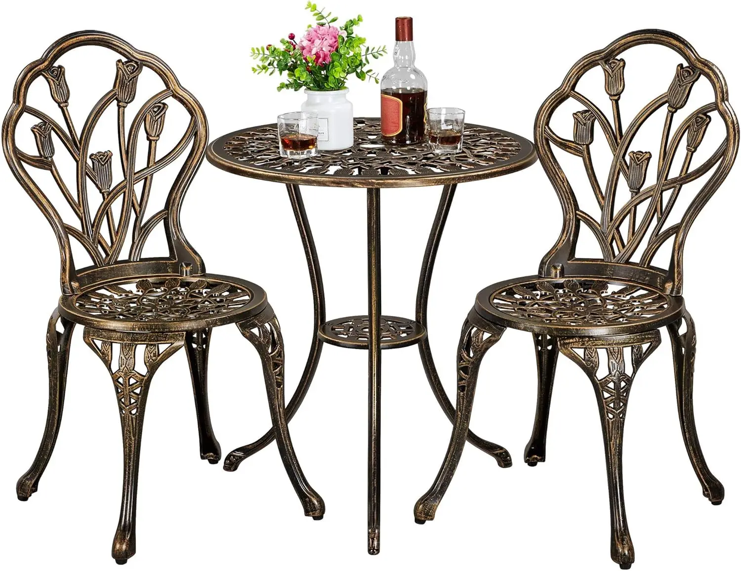 Bistro Sets 3 Piece, Outdoor Rust-Resistant Cast Aluminum Garden Table and Chairs