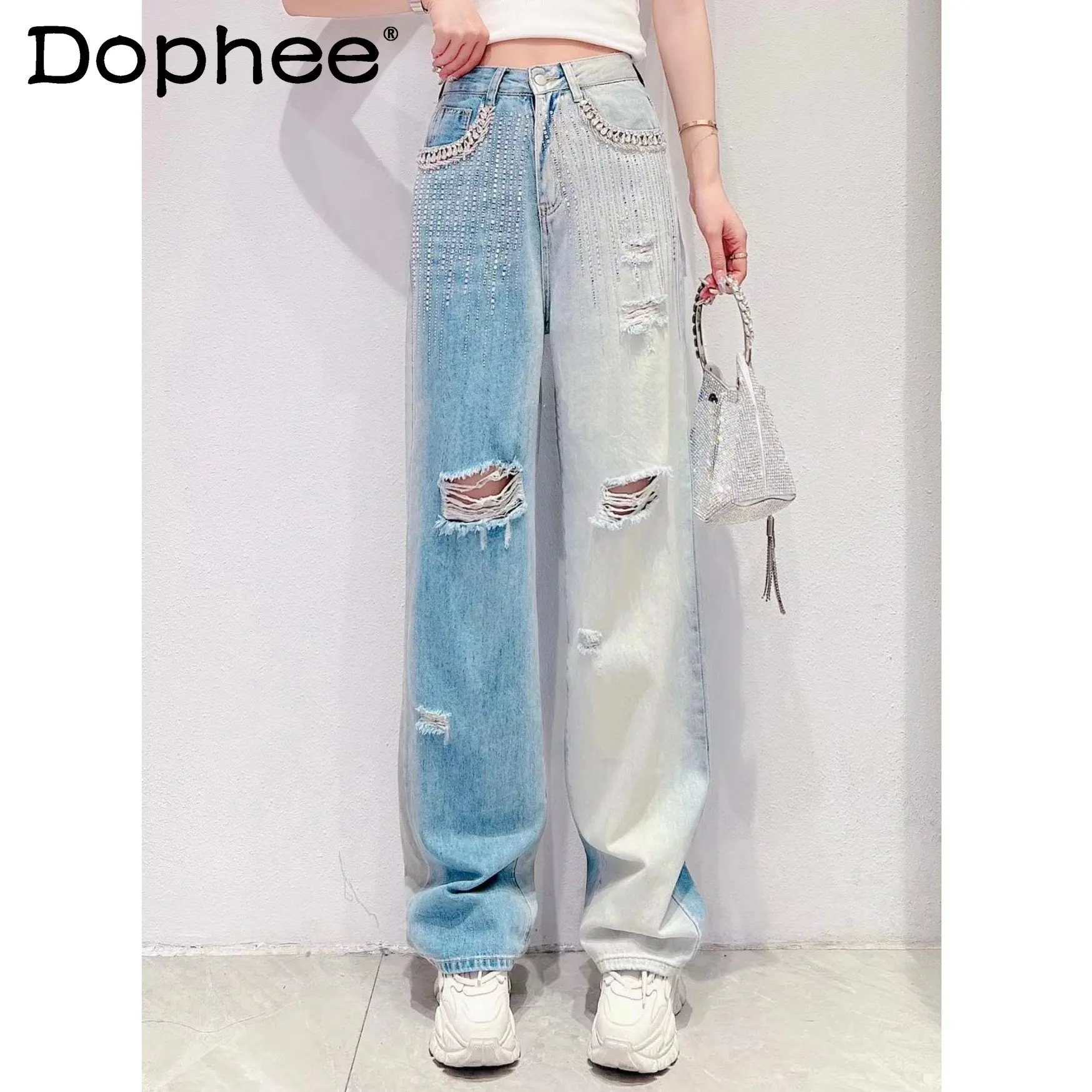 

Streetwear Contrast Color Heavy Hot Drilling Beaded High Waisted Jeans for Women Loose Ripped Denim Trousers Female Baggy Pants