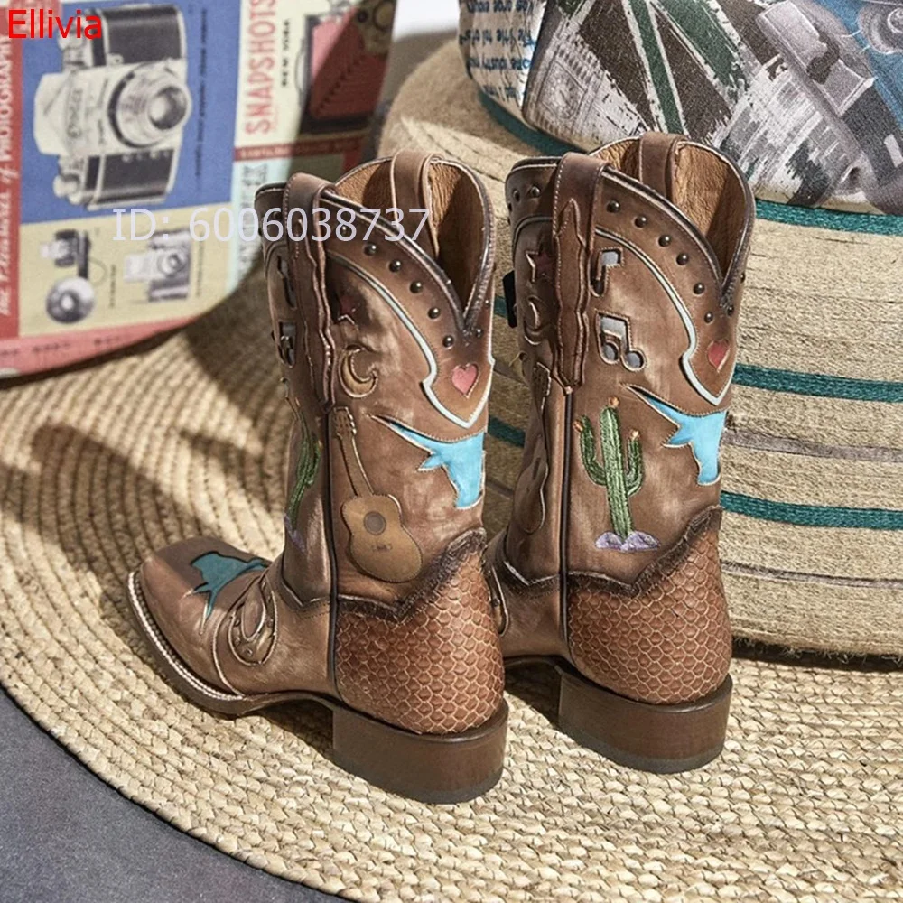 Women Retro Western Cowboy Boots Square Toe Block Heel Mid Calf Cactus Guitar Musical Note Embroidery Vintage Cowgirl Boots