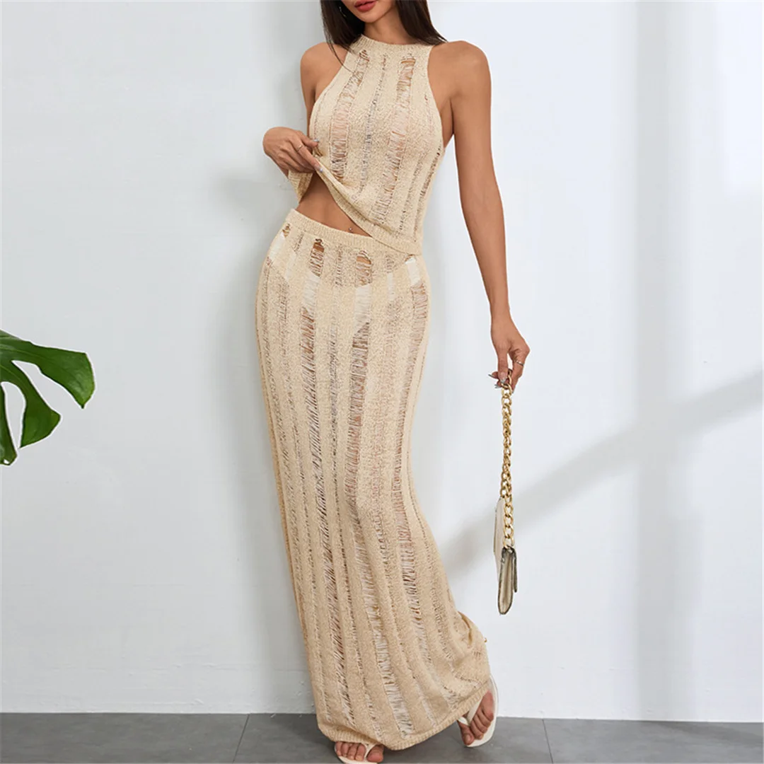 Neues, ärmelloses, gehäkeltes, gestricktes zweiteiliges Set, Tunika, Strandkleid, Strandbekleidung, Damenmode V6717 – Detail 8
