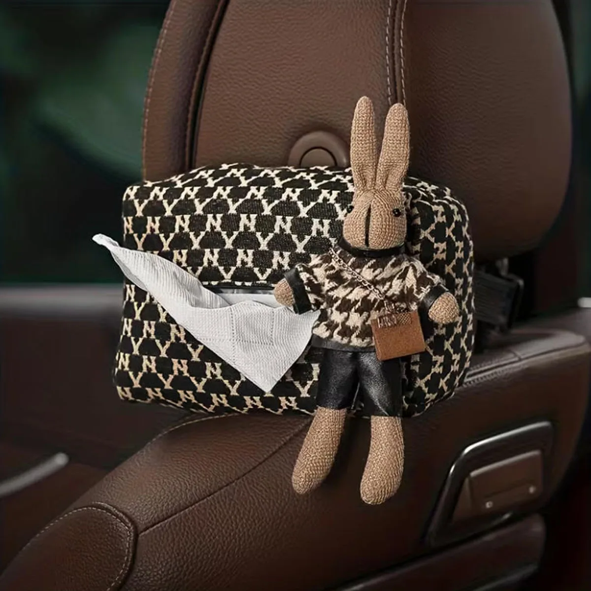 

Chic plaid rabbit decoration car tissue box fashionable brown pattern 3D rabbit pendant car interior