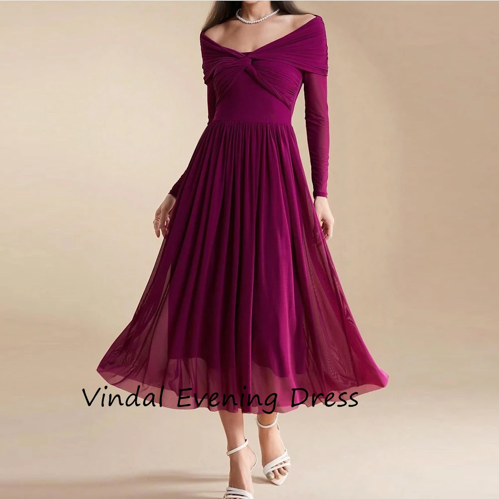 

Vindal Chiffon Tea length Off-the-shoulder luxurious Ruffle A-Line Breast Padding Elegant Long Sleeves السعود For Woman 2024