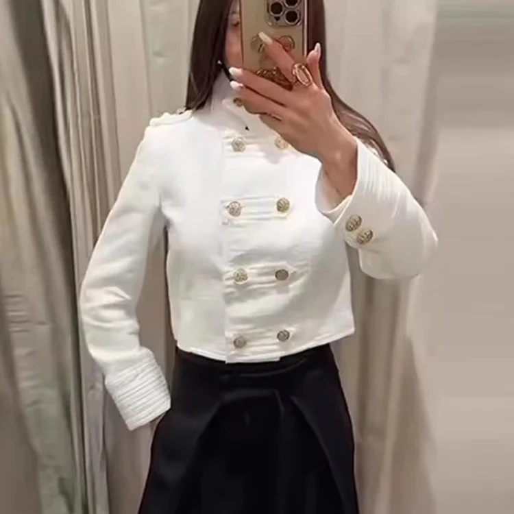 Slim Fit Gold Metal Button Double Breasted Jacket Stand Collar Epaulet Detail Raw Frayed Trim Elegant Office Women Outwear