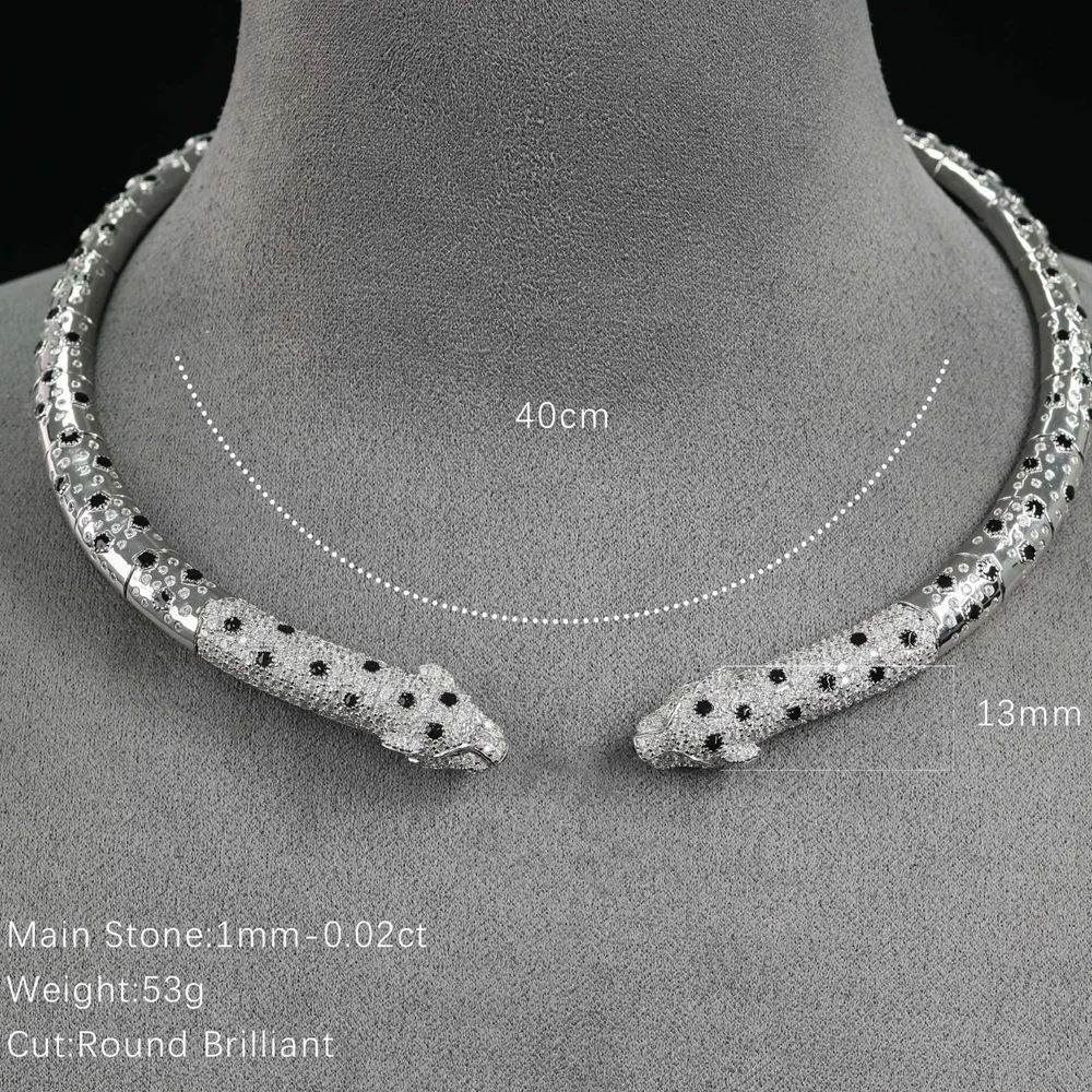 Elastic Solid 925 Silver High Carbon Diamond Black Enamel Double Leopard Choker Necklace For Women Party Fine Panther Jewelry