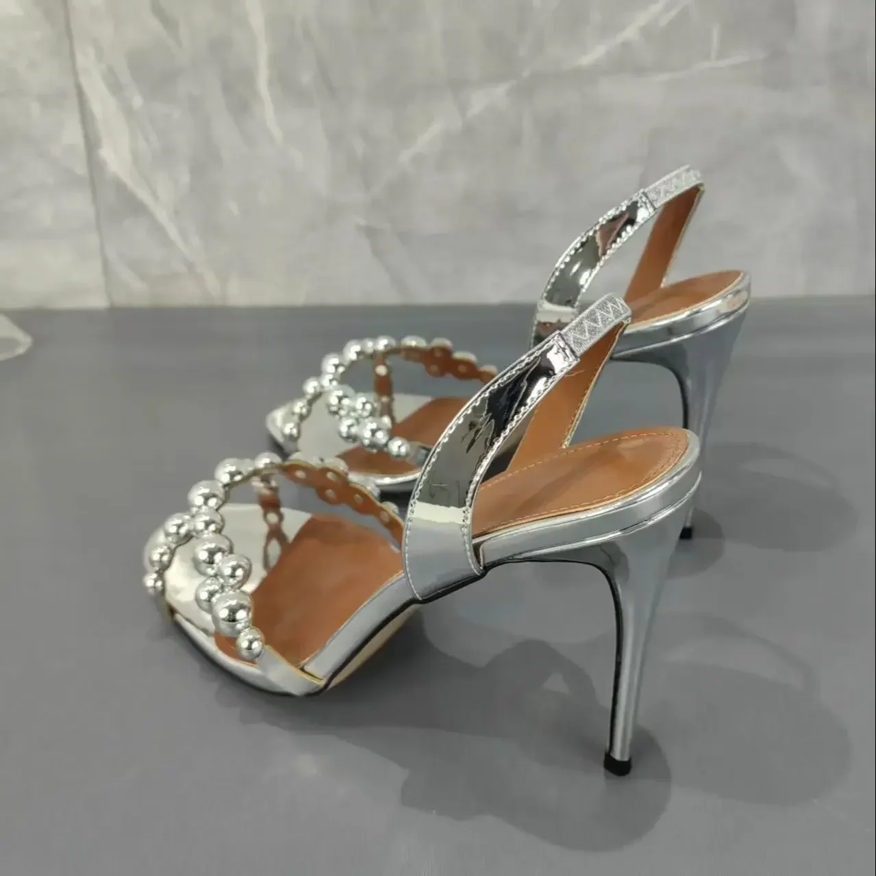Silver Crystal Bling Rhinestones Sandals Women Slingback Elastic Band Pumps Female Peep Toe Wedding Shoes Stiletto High Heels DE