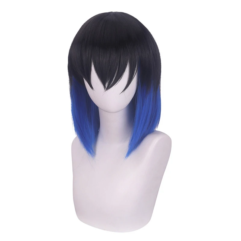 Hashibira Inosuke قصيرة الأزرق أومبير شعر مستعار Kimetsu no Yaiba مقاومة للحرارة الشعر تأثيري حلي الباروكات #4