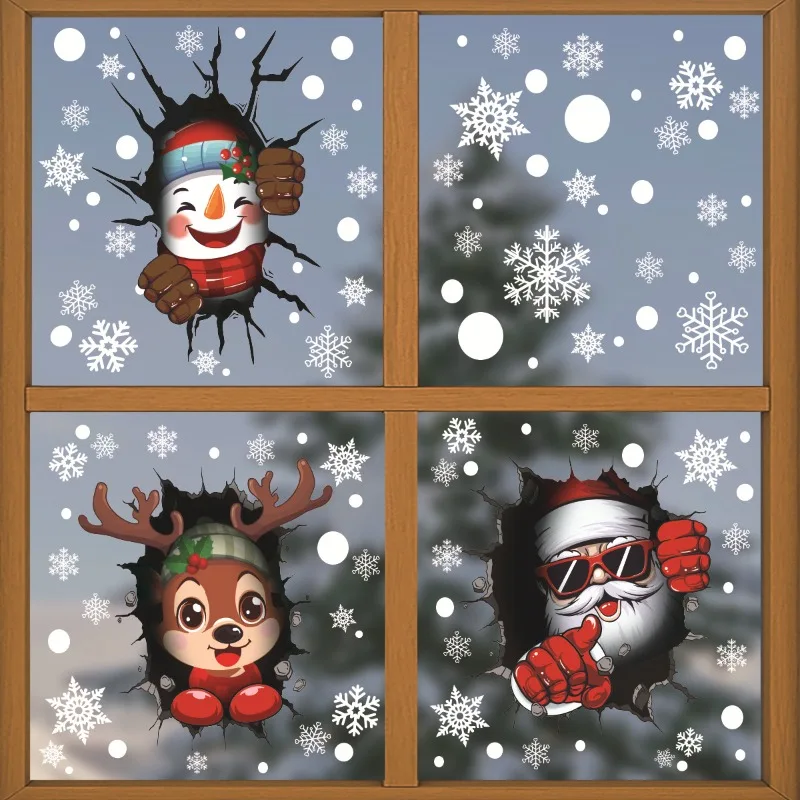 Christmas Decorative Glass Stickers Simulation Crack Gap 3D Santa Claus Window Stickers Elk Snowman Electrostatic Stickers