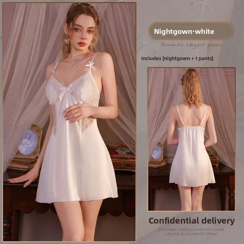 French Sexy and Pure - looking Lace Satin Silky Nightgown  Bra Pads Strappy Pajama and T - Back Panties Soft Homewear  2pcs