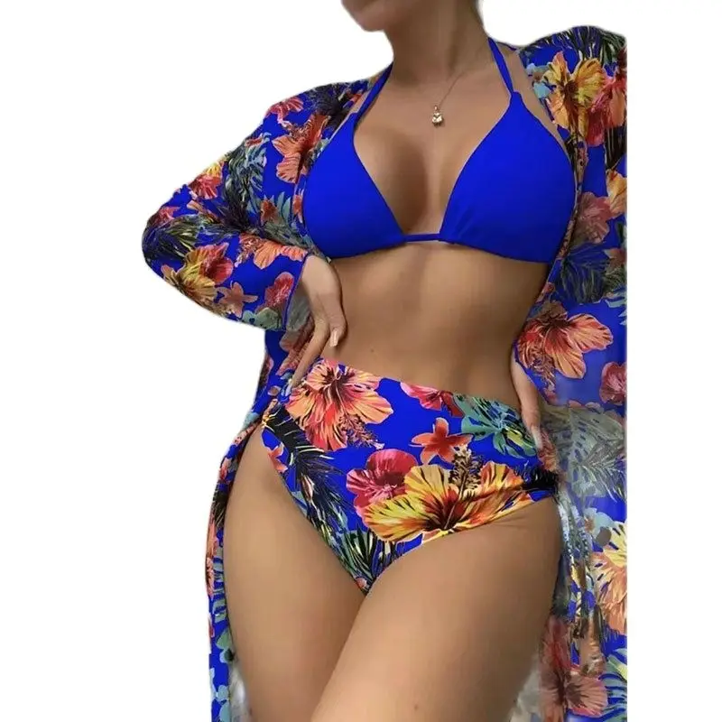 Set bikini con protezione solare da donna, costume da bagno a vita alta, stampa copricostume a maniche lunghe, costume da bagno da spiaggia, costumi da bagno estivi, 3 pezzi