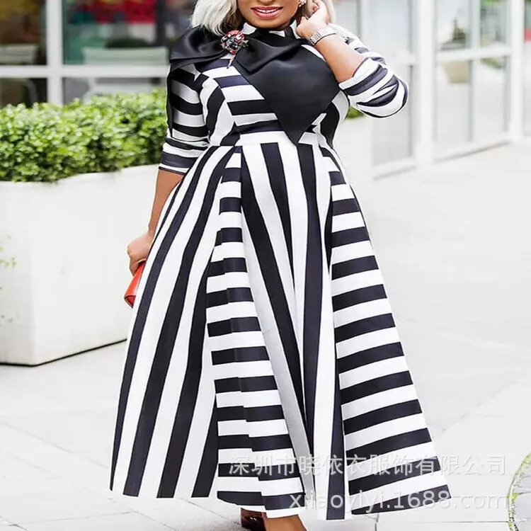 

Stripe Wrapped Chest Style office lady Bowknot Long Dress Black High Waist Dress