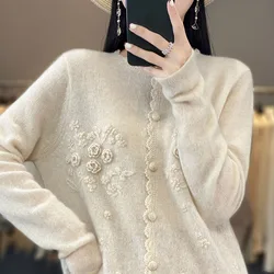 Pure Cashmere Women Sweater Autumn Winter New Lace Round Neck Cardigan Fashion Embroidery Casual Knitted Soft Jacket Tops