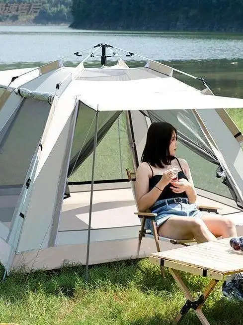 silver-glue-hexagonal-tent-sunscreen-integrated-camping-tent-large-space-outdoor-quick-open-camping-tent-single-layer-tent