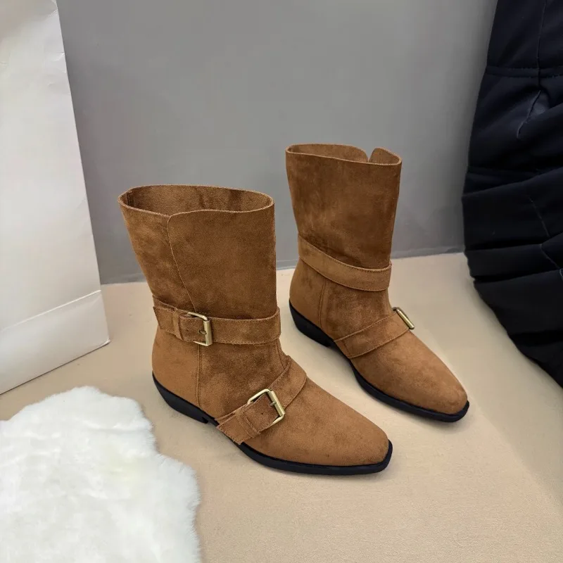 أحذية فرنسية عصرية بأكمام من جلد الغزال وإبزيم معدني ونعل ناعم ومضادة للانزلاق ومقاومة للاهتراء