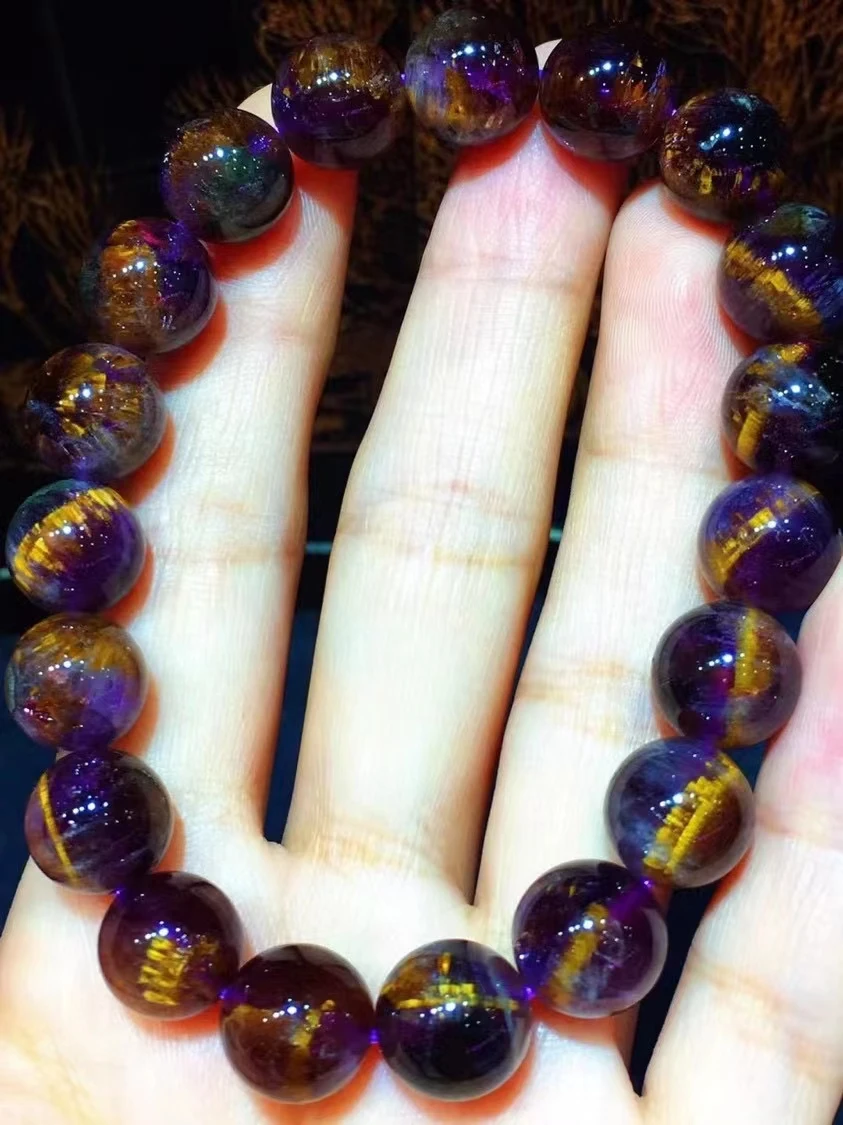 Natural Cacoxenite Purple Auralite 23 Cat Eye Clear Round Beads Bracelet 10.8mm Women Men Cat Eye Canada Stretch Jewelry  AAAAA