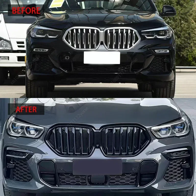 Однолинейная решетка для BMW X6 G06 M50i M50d X6M F96 2019-2023, передний бампер, передняя решетка почек, глянцевая черная обвес, тюнинг Однолинейная решетка для BMW X6 G06 M50i M50d X6M F96 2019-2023, передний бампер, передняя решетка почек, глянцевая черная обвес, тюнинг