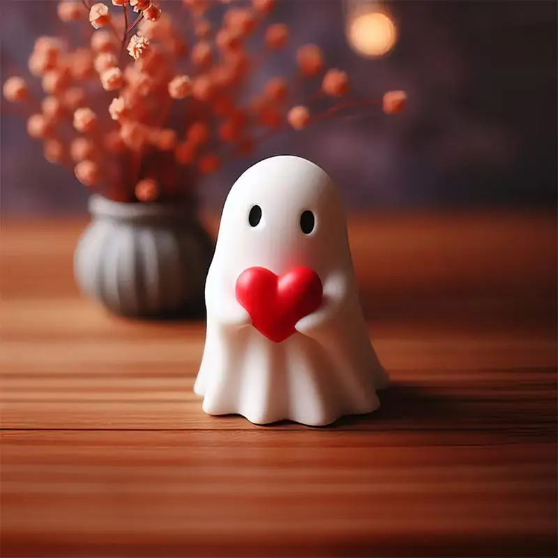 【CC】1PCS White Cute Ghost Halloween Romantic Shelf Desk Decor Black Bat Resin Mini Statue Kawaii Heart Ghost  Decor
