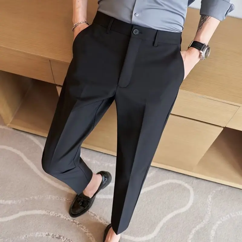 

Ice Silk Men's Slim Fit Straight Leg Casual Pants Faionable Busin Casual Youth Summer Nine-Footers Non-Iron Treaent