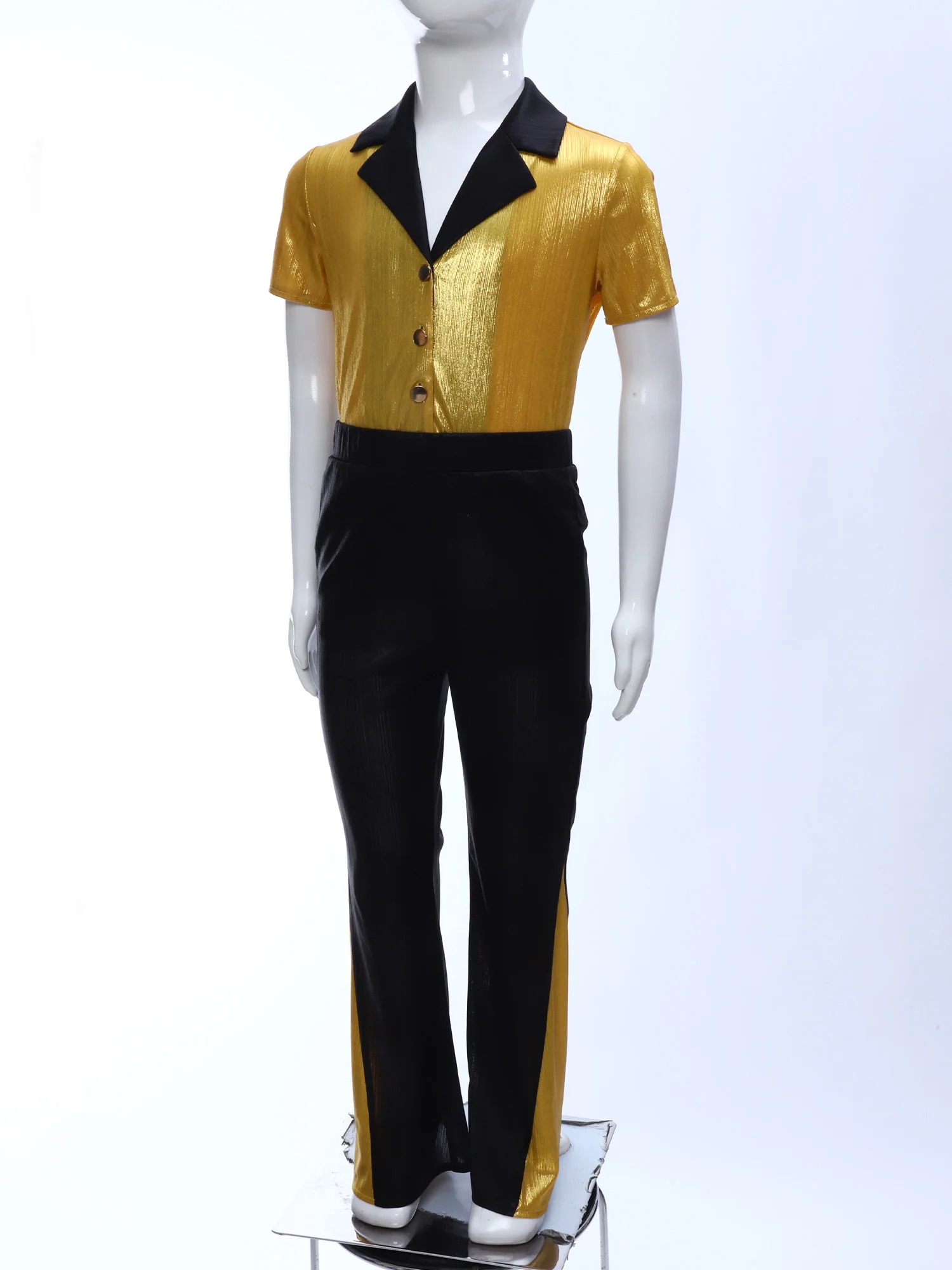 Boys 60s 70s Hippie Costume Kids Dancing Disco Party Costume Flares Shiny Metallic Bell-Bottomed Pants Jumpsuit Rave Outfits