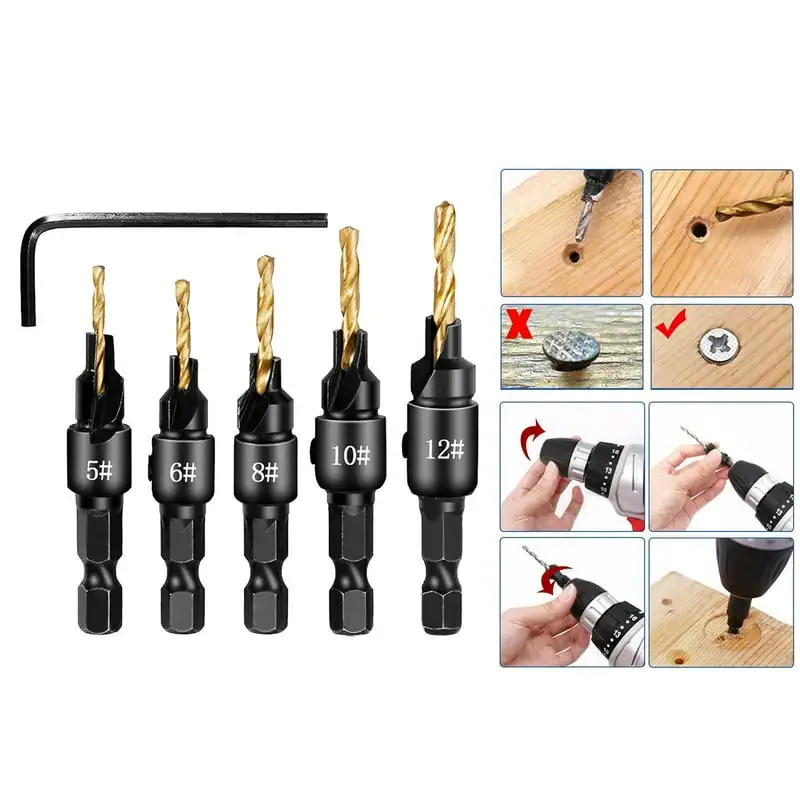 5Pcs Countersink Drill Bit Set Adjustable Chamfered Tool Kit for Woodworking Pilot Holes Hex Shank Accessories