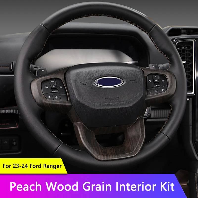 QHCP Car Gear Shift Panel Frame ABS Peach Wood Grain Interior Steering Wheel Cover Trims Fit For Ford Ranger 2023-2024 Accessory