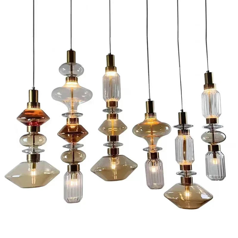 Clear Amber Glass LED Chandelier Modern Pendant Lamp Hall Parlor Restaurant Bedside Lighting Fixtures Wire 150cm Adjustable