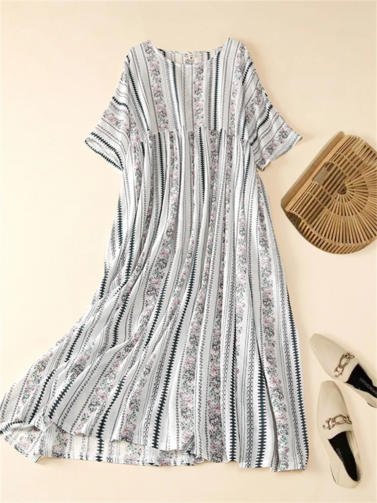 Plus Size Summer Pleated Vintage Floral Dress Casual Pullover Ladies Womens Cotton Striped Print Dresses Woman Loose Long Dress