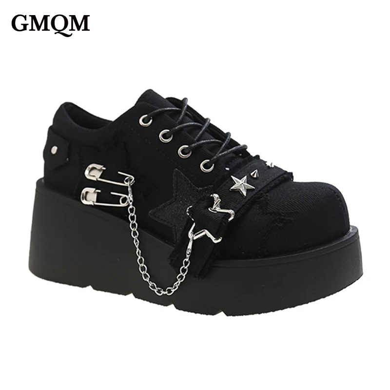 

GMQM Fashion Women's Platform Mary Jane Shoes New 2024 Wedges Punk Gothic Style Ankle Strap Pumps Shallow Vintage Lolita Shoes