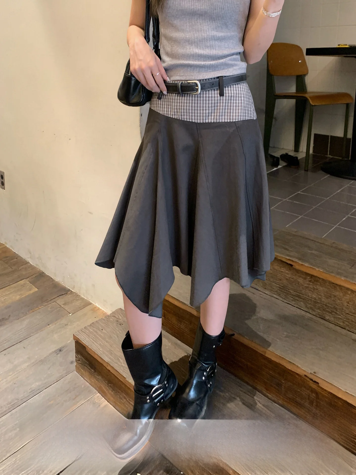 

High Waist A-Line Skirt Women's Vintage Checkered Patchwork Slimming Spring Season Comfortable Soft Rigid Fit City Walk