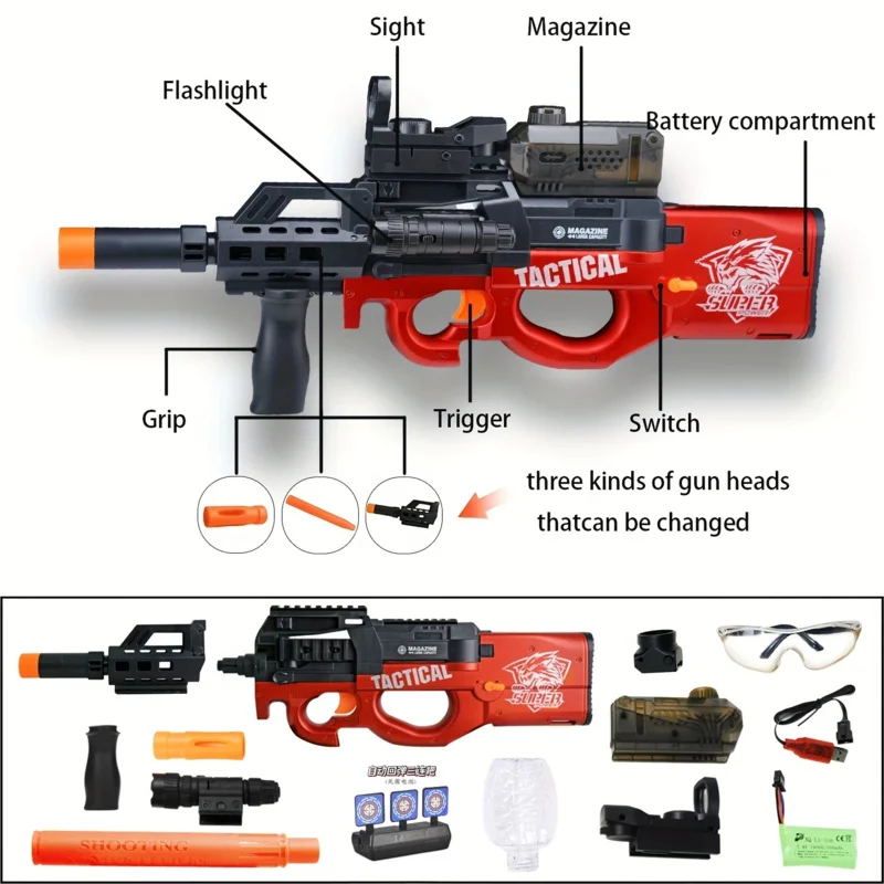 P90 Elektryczny pistolet do żelu z kulką Ręczny i automatyczny pistolet do żelu z podwójnym trybem z celownikiem perkusyjnym i goglami Gra zespołowa