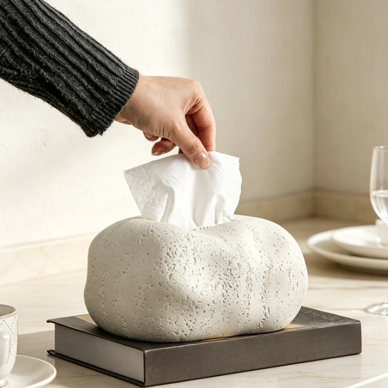 Premium Faux Travertine Tissue Storage Box Nordic Luxury Pebble Napkin Box Creative Desktop Decor for Home Living Room Tea Table