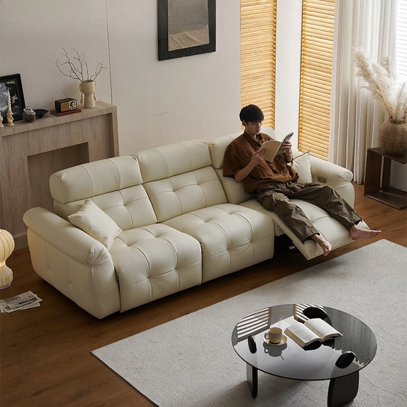 Cream wind 0 wall function leather sofa electric living room small apartment adjustable electric sofa