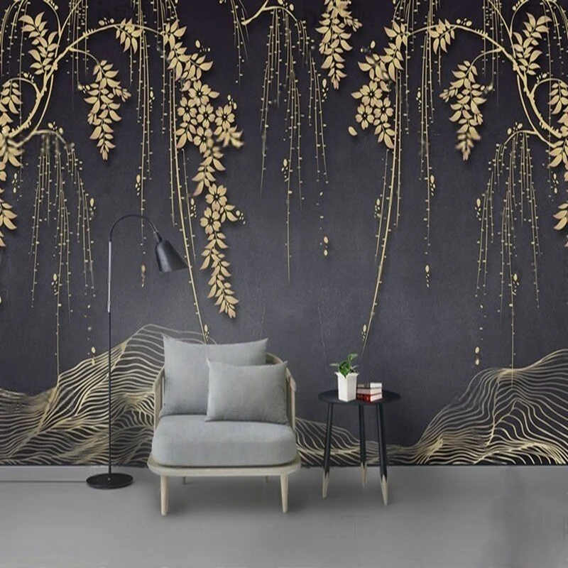 

Modern and grand golden willow leaf and branch lines TV luxurious home bedroom background wall