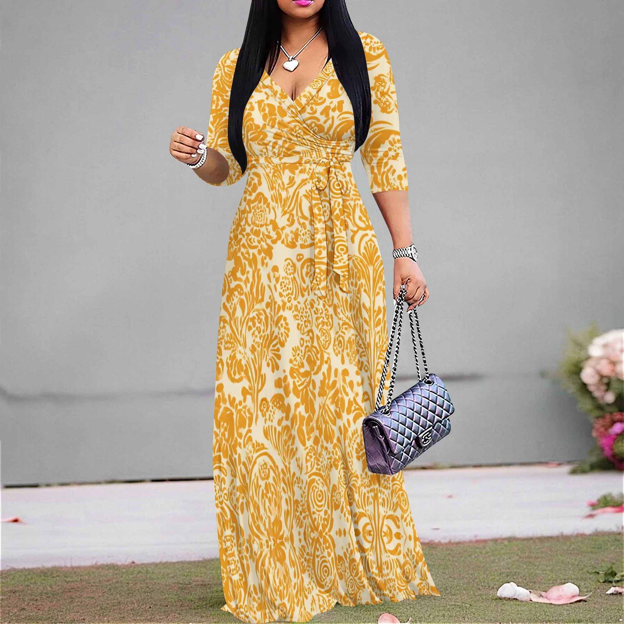 

Women's Plus Size V-Neck Wrap Maxi Dress Yellow Damask Print 3/4 Sleeve Elegant Boho Summer Vacation Party Gown XS-3XL