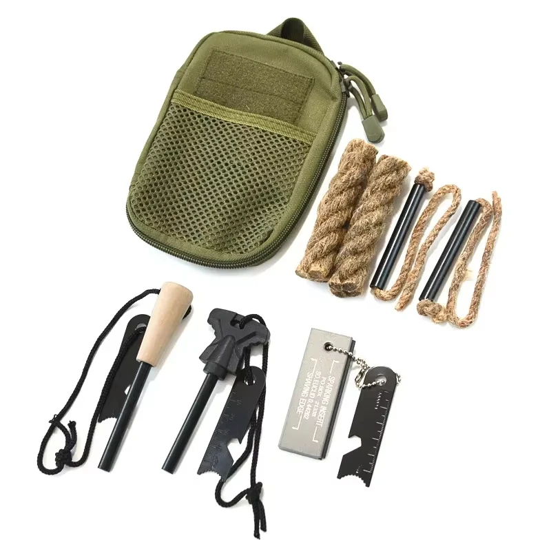 Portable Outdoor Flint Set Fire Magnesium Fire Starter Stick Flint Lighter Set Large Wooden Handle Camping Wilderness EDC Tool