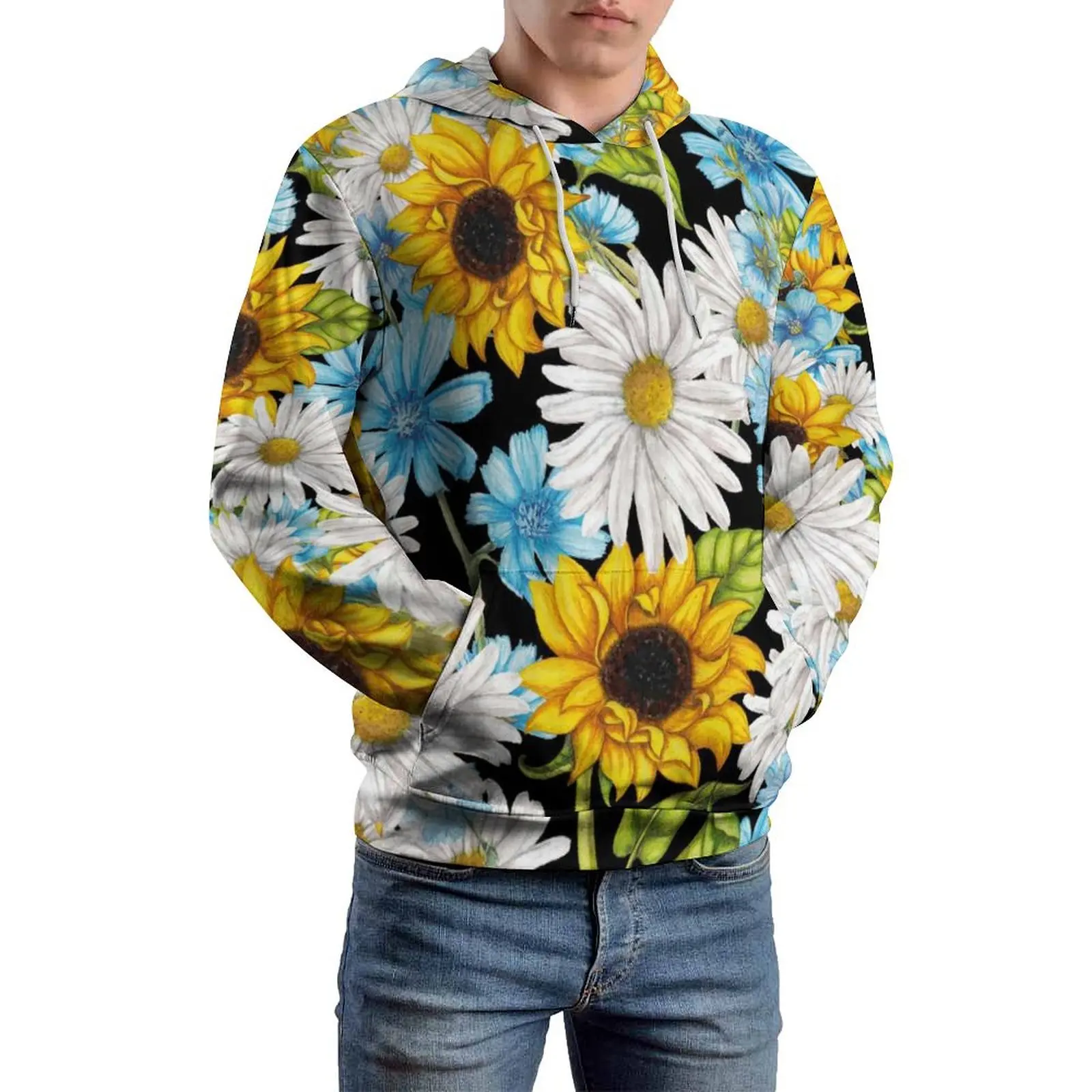 Yellow Sunflower Art Casual Hoodies Men Floral Print Cool Hooded Sweatshirts Winter Long Sleeve Street Wear Oversize Hoodie