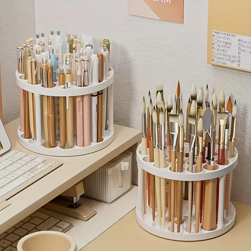 360 ° Rotierender Pinselhalter - Weißer Kunststoff-Organizer mit Glasur-Finish, platzsparendes Design für Kunstpinsel, Stifte, Make-up-Werkzeuge – Detail 3