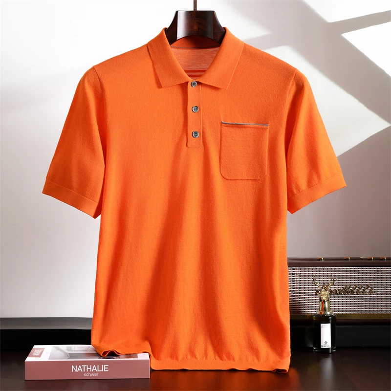 

High End Men's 100% worsted Wool T-shirt POLO Collar Pullover Casual Business Knitted Short Sleeved Summer Soft Comfortable Tees